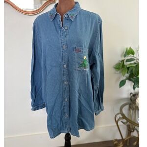 Bobbie Brooks Denim Shirt‎ Christmas Tree Embroidery Holiday Top 14W/16W